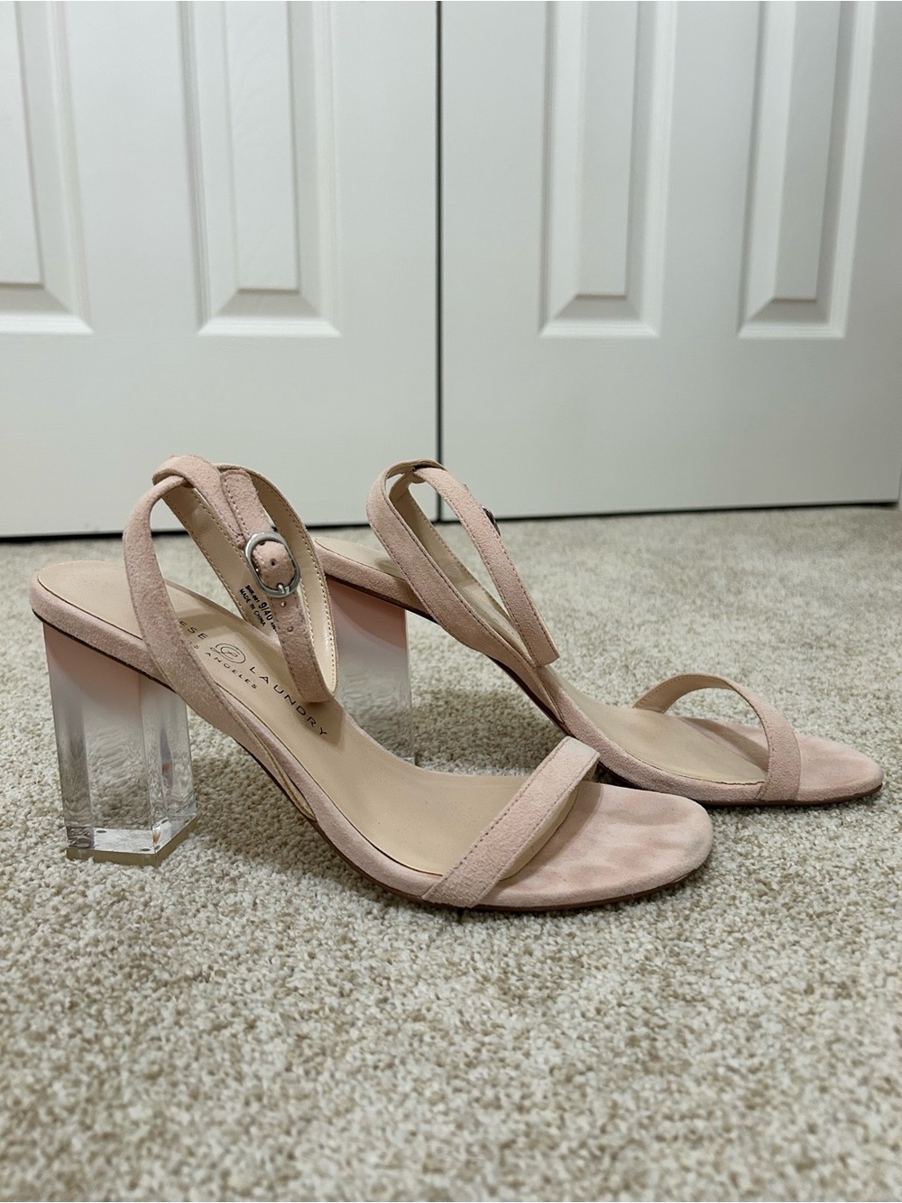 Chinese Laundry shanie Blush Pink Suede Slingback Sandals with Clear Block Heel